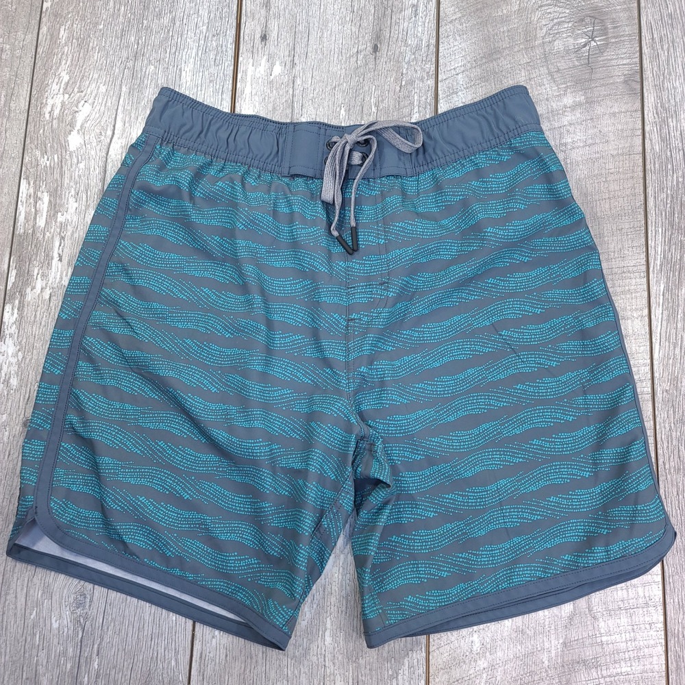 Prana Board Shorts Mens Large Gray Teal Wavy Dot Print Swim Trunks Drawstring